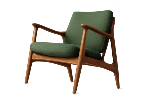 Elegant wooden armchair with green cushions isolated on transparent background