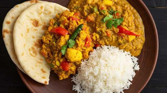 A plate with rice, flatbread, and two types of curries on a dark wooden surface