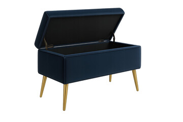 Elegant navy blue storage ottoman on transparent background, opened top view