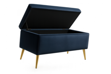 Elegant blue velvet storage ottoman with golden legs on transparent background
