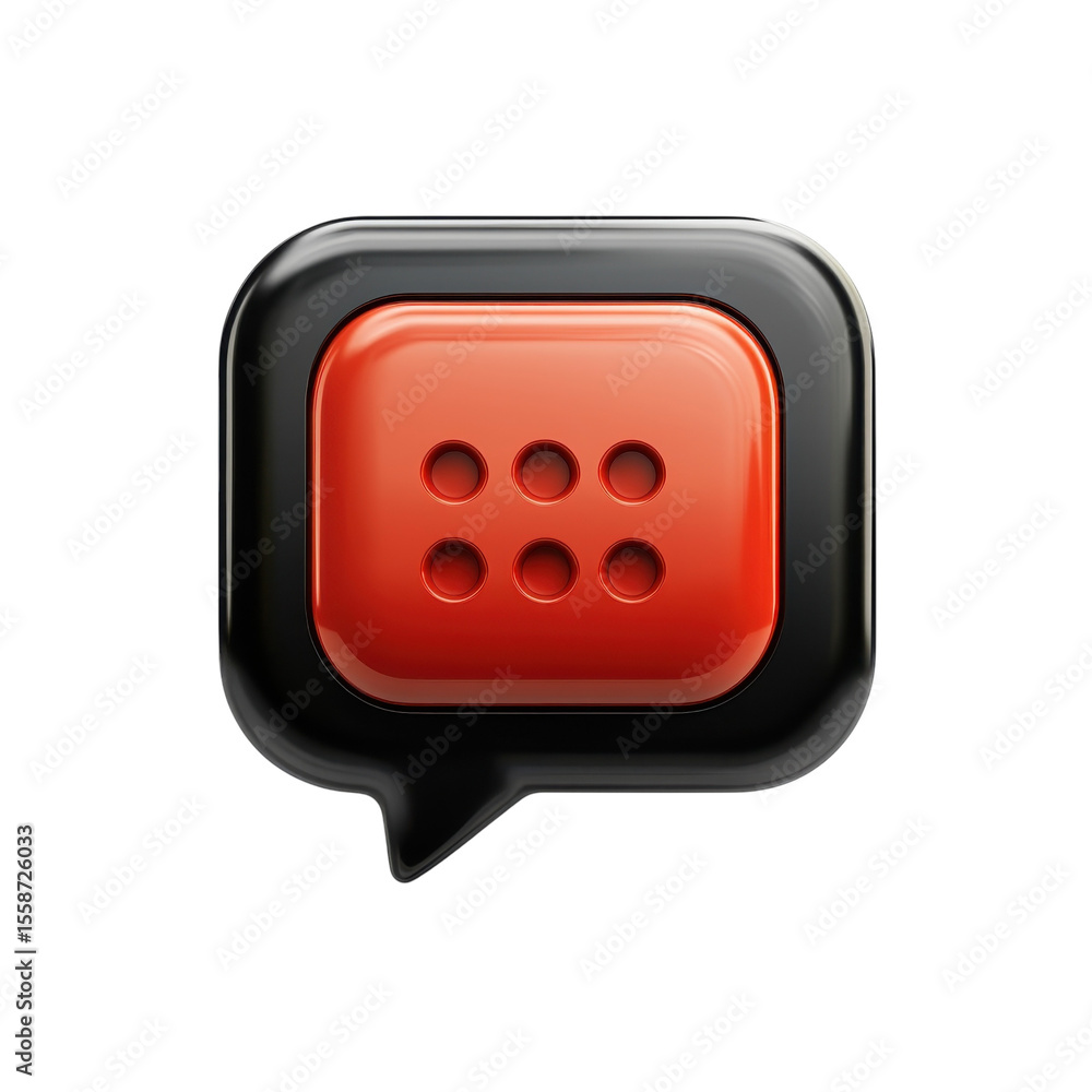 Poster glossy orange dots menu options icon in black speech bubble ui navigation on transparent background