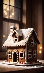 Christmas Gingerbread House by the Window with Bokeh Lights