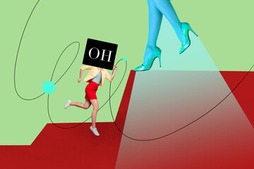 Composite poster image art collage of anonym girl stand oh letters instead head female legs heels...