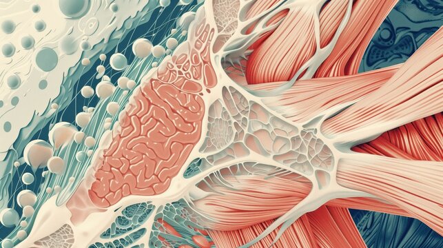 Spinal Muscular Atrophy Awareness Month. medical illustration comparing normal muscle fibers vs atrophied muscle tissue, cross-sectional view, cellular detail