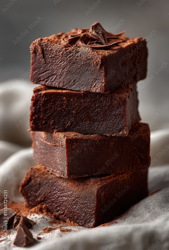Poster Rich Chocolate Fudge Stacked on a Soft Linen Surface with Dark Cocoa Dusting and Chocolate Shavings for a Decadent Dessert Presentation