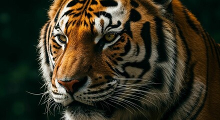 Fototapeta premium Majestic tiger with vibrant orange and black stripes against a dark background.
