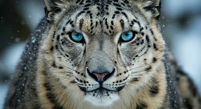 Snow leopard with striking blue eyes, set against a snowy backdrop.