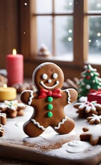 Festive Gingerbread Cookie on Wooden Table with Christmas Lights Bokeh