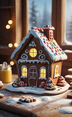 Realistic Cozy Christmas Gingerbread House on Wooden Tabletop