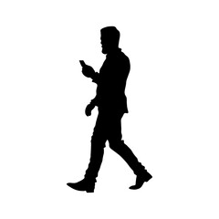 Silhouette of a man in motion with a phone in his hand. Black silhouette of a man on a white background with a gadget in his hand. Walks and reads