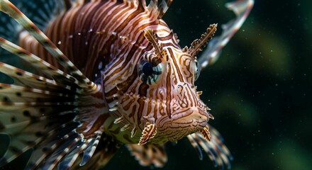 Lionfish with striking patterns and fins in a dark underwater setting.