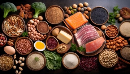 nutrient array a curated visual of diverse protein sources and essential nutrients presented artfully highlighting a balanced and vibrant dietary composition for optimal health and wellness