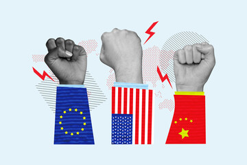 Creative 3D photo collage artwork template of hand fist up vote china usa eu coperation economy...