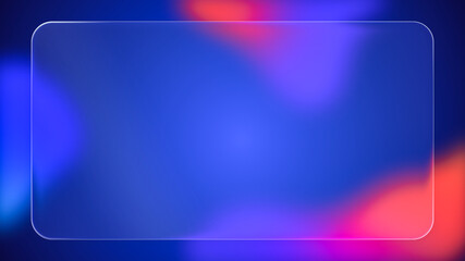 Transparent rounded rectangle liquid glass frame background, realistic glassmorphism user interface, abstract empty frosted plate on blue fluid gradient backdrop, blurred UI design illustration