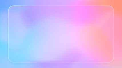 Beautiful transparent rounded rectangle liquid glass frame background, realistic glassmorphism user interface, abstract empty frosted plate on pink colorful gradient, blurred UI design illustration