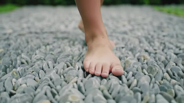Child's bare feet walking gently on a stimulating outdoor pebble path, promoting natural reflexology and a wellness sensory experience.