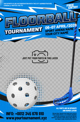 Floorball tournament poster template with ball, stick, grungy and halftone elements