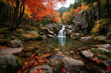 Serene Forest Waterfall Surrounded by Vibrant Autumn Foliage and Rocky Landscape in Tranquil Nature Scene