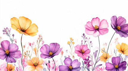 Fototapeta premium Watercolor floral clipart, featuring pink, purple, and yellow flowers on a white background The designs are simple and cute, with various watercolor flower designs in different sizes