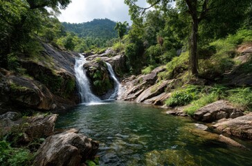 Serene Landscape of a Cascading Waterfall Surrounded by Lush Greenery and Rocky Terrain in a Peaceful Natural Setting with Majestic Mountains