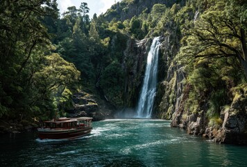 Serene Landscape with Waterfall and Classic Boat on Tranquil River Surrounded by Lush Green Forest and Dramatic Rock Formations in Nature