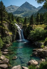Serene Landscape with Waterfall and Mountainous Background Surrounded by Lush Forest and Clear Blue Water in a Scenic Natural Environment