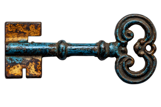 Old rustic key with intricate metalwork antique design concept isolated on white background