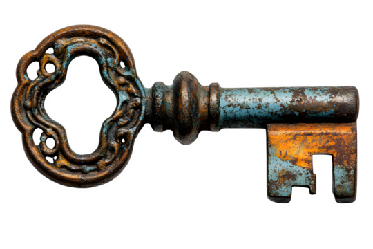 Old rustic key with intricate metalwork antique design concept isolated on white background