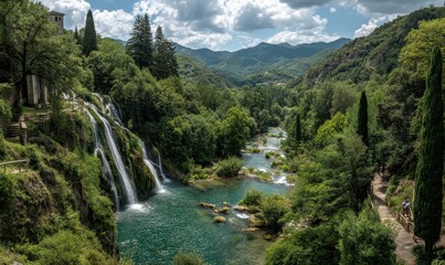 Serene Landscape with Waterfalls, Lush Green Forests, Flowing River, and Majestic Mountains Under Bright Blue Sky with Fluffy Clouds