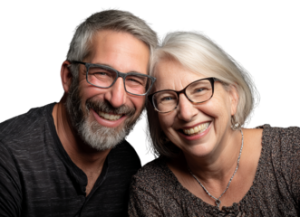 Couple gleefully pose with delight smile