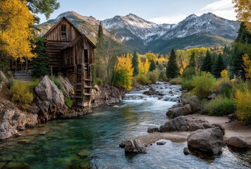 Serene Mountain Landscape Featuring a Rustic Cabin Beside a Tranquil Stream Surrounded by Vibrant Autumn Foliage and Majestic Snow-Capped Peaks