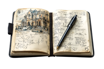 Open notebook with doodles and pen artistic sketchpad isolated on white background