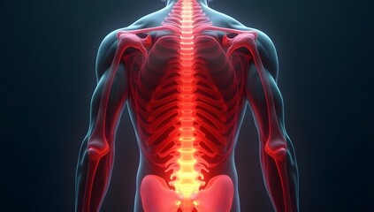 Anatomical image of inflamed lower back muscles and spine under strain. AI-Generated!
