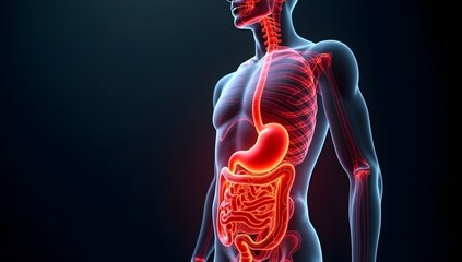 Medical-style visualization of stomach and intestinal discomfort. AI-Generated!