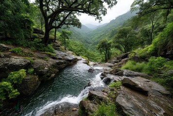Serene Mountain Landscape with Lush Greenery and Flowing Water in a Tranquil Wilderness Setting