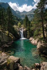 Serene Mountain Waterfall Surrounded by Lush Green Forest and Scenic Rocky Landscape under Blue Sky with Fluffy Clouds