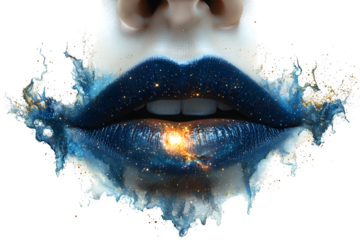 Opera singer with galaxy-filled mouth, cosmic bel canto portrait isolated on white