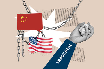 Composite sketch image design trend collage of hand hold paper ball trash america china metal chain...