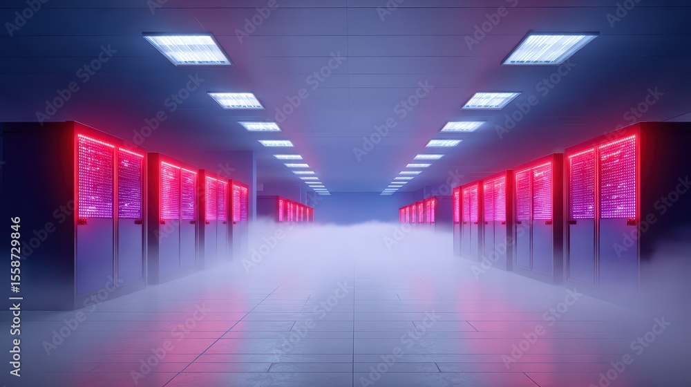 Poster futuristic data center with neon lights and fog in a modern server room environment