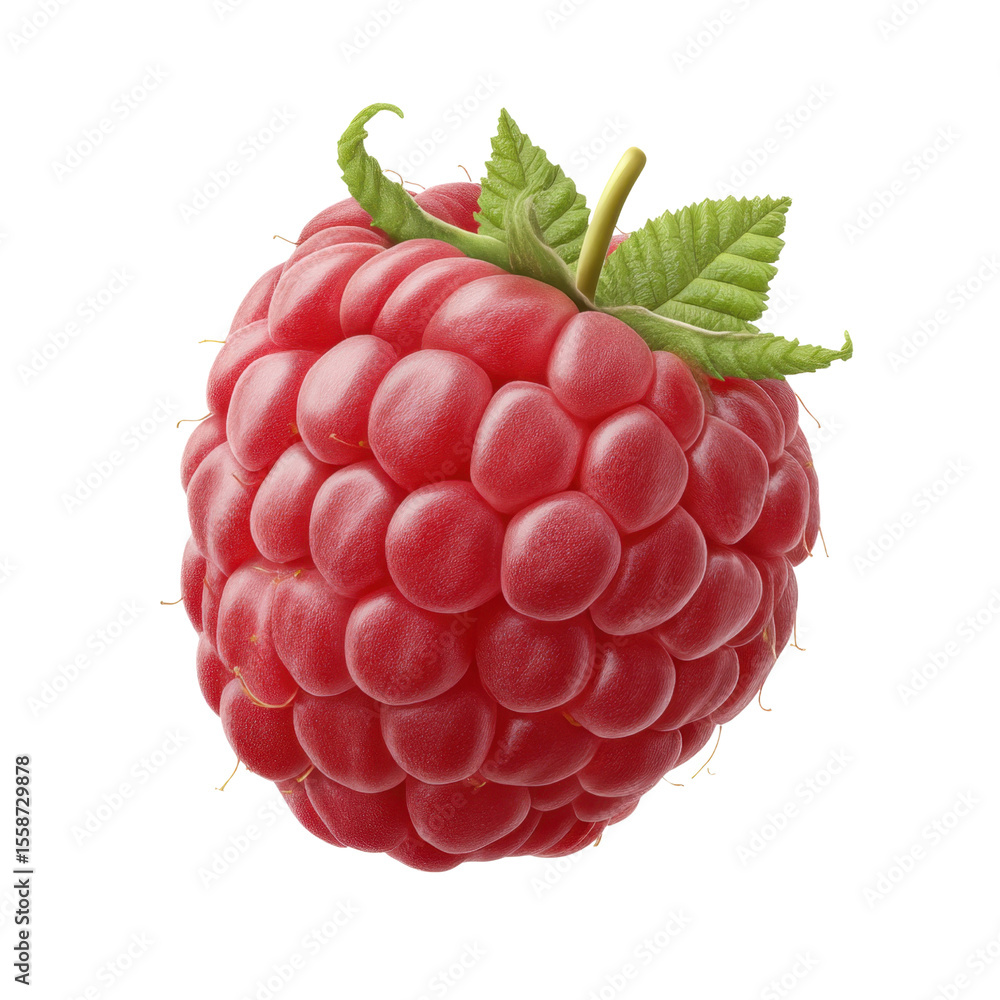 Poster fresh and juicy red raspberry with green leaves isolated on a white background for culinary use and 