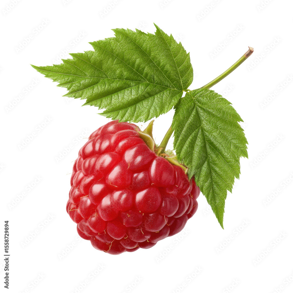 Poster fresh red raspberry with green leaves isolated on a white background for culinary and health related