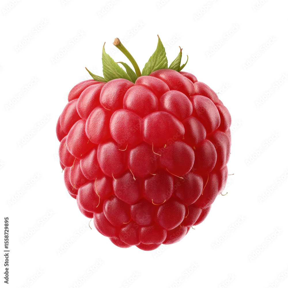 Poster fresh and juicy raspberry isolated on white background with green leaves and bright red color for he