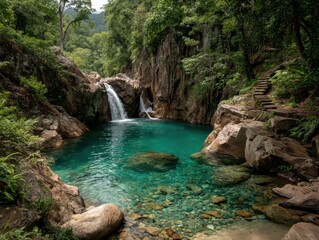 Serene Natural Waterfall Surrounded by Lush Greenery and Clear Blue Pool in a Tranquil Landscape with Rocky Outcrops and Wooden Steps