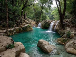 Serene Tropical Waterfall Cascading into Crystal Clear Pool Surrounded by Lush Green Forest Landscape in a Peaceful Wilderness Setting