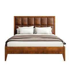 Obraz premium Wooden bed with brown leather headboard white bedding and gray blanket