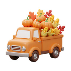 Orange Truck Filled with Pumpkins Corn and Autumn Leaves