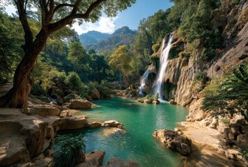 Serene Tropical Waterfall Surrounded by Lush Green Trees and Clear Blue Water in a Picturesque Natural Landscape