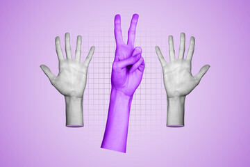 Trend artwork banner sketch 3D photo collage of showing gesture body language hand hold two finger...