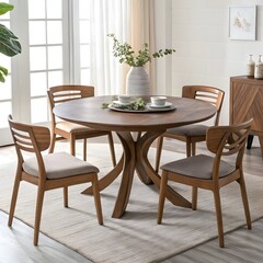 Obraz premium Mid-Century Modern Dining Set: Round Table & Slat-Back Chairs Mid-century modern dining set, round dining table, solid wood chairs, slat back design,