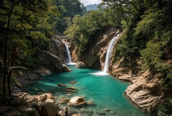 Serene Tropical Waterfall Surrounded by Lush Greenery and Vibrant Blue Water in a Stunning Outdoor Nature Landscape